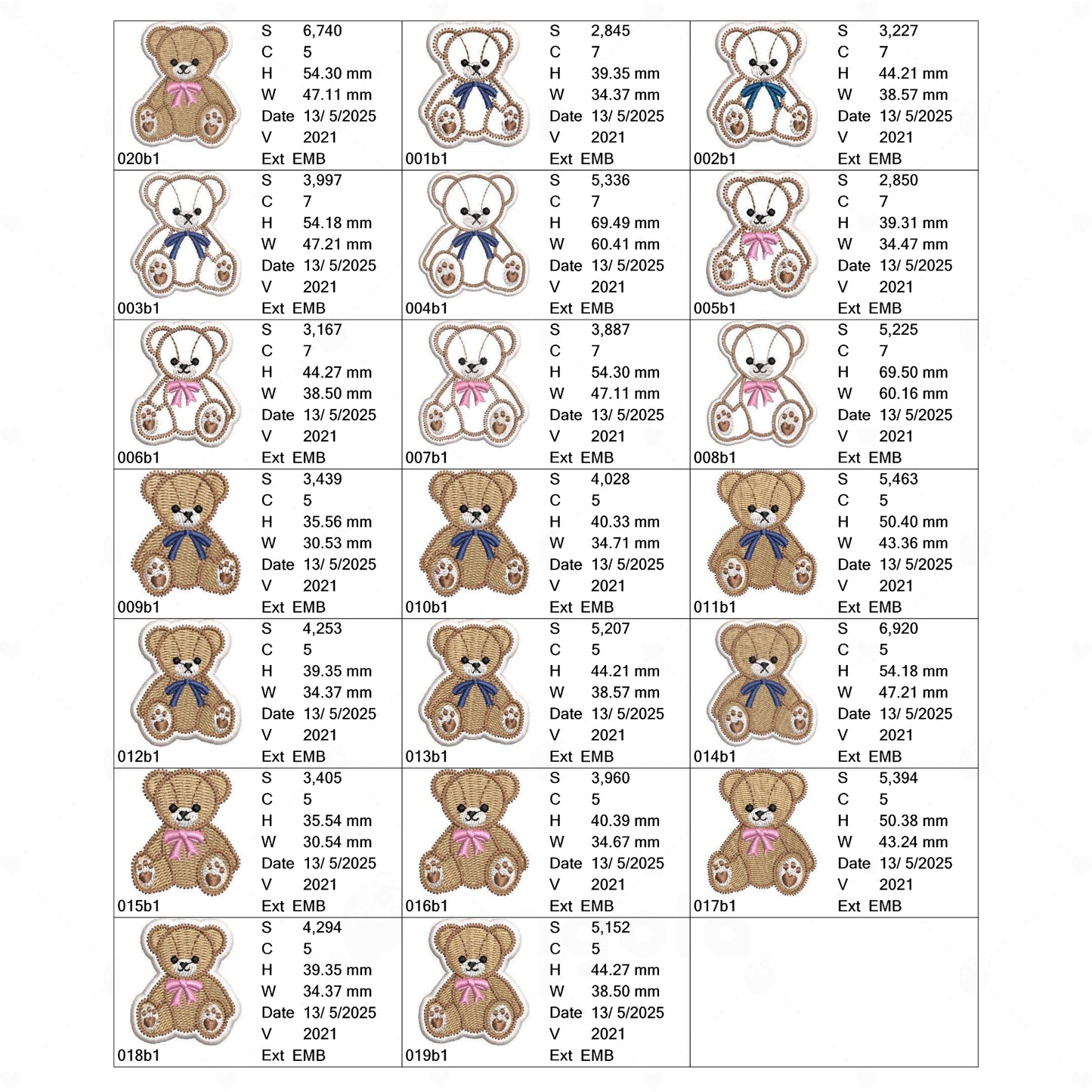 🧸 テディベア刺繍データセット(全20デザイン)