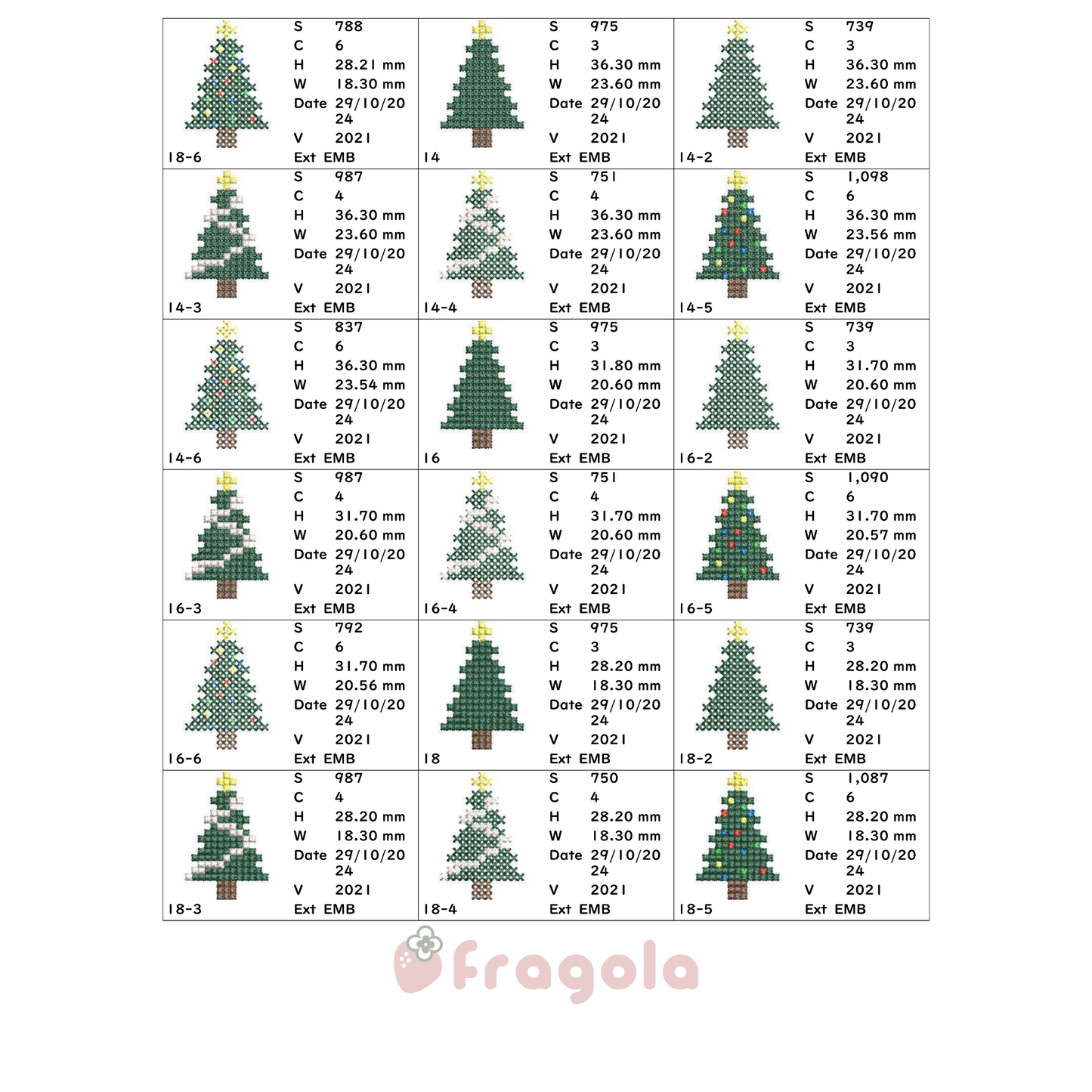 クリスマスツリーのクロスステッチ刺繍デザイン - 3種類のカウント、フレンチノット風データ入り