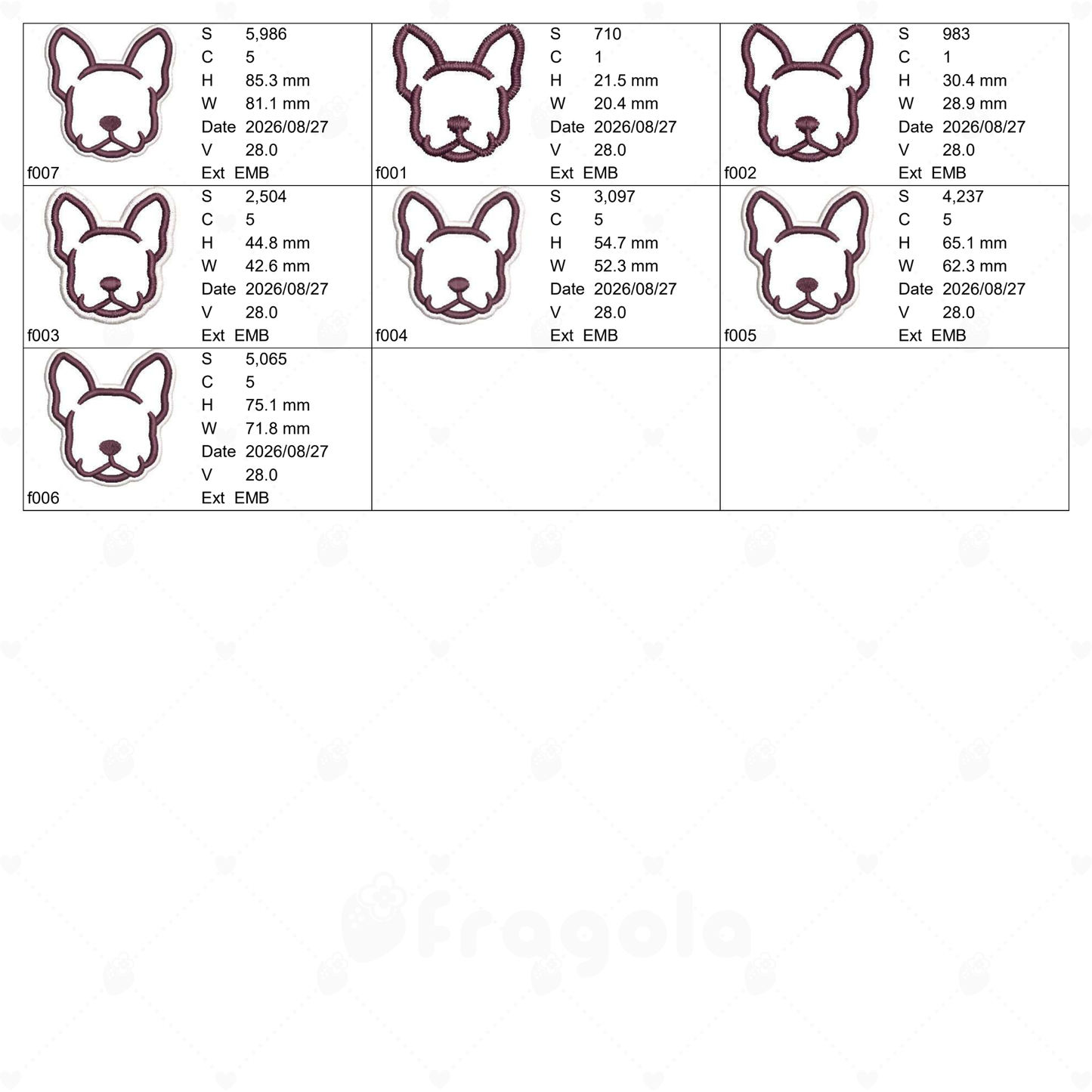 フレンチブルドッグ アップリケ刺繍データセット(7ファイル)