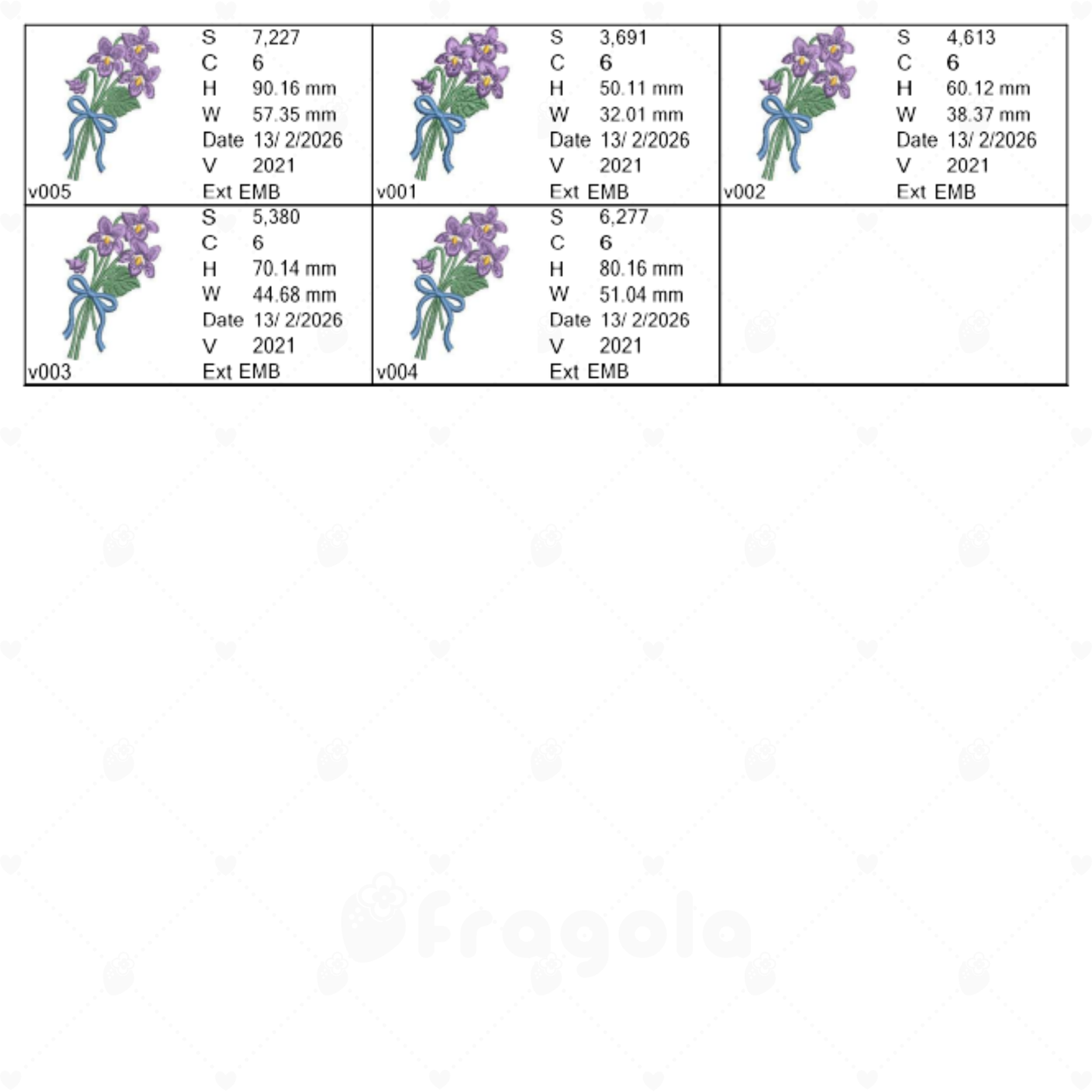 スミレ花束刺繍データセット(5サイズ)