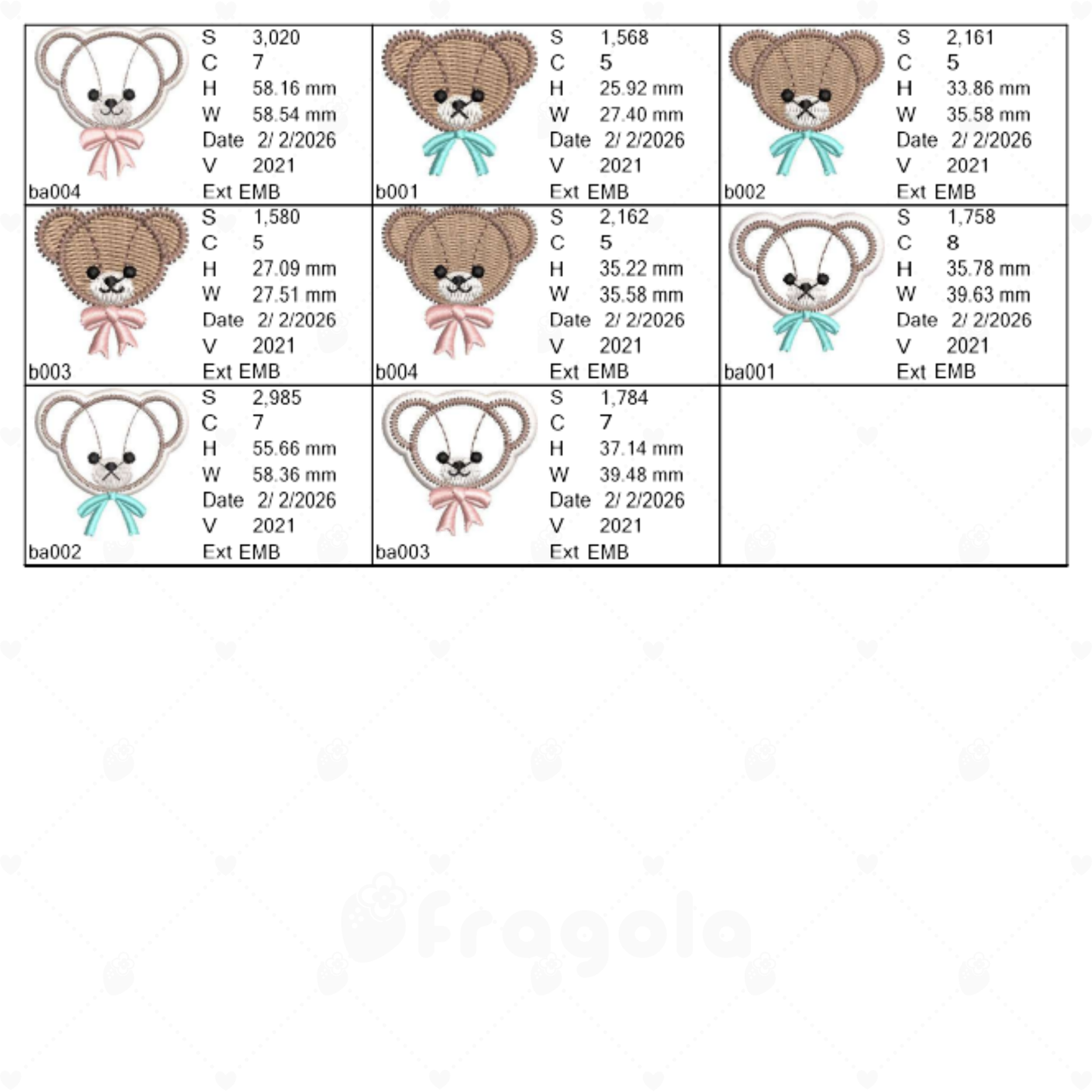 リボン付きくま刺繍データセット(刺繍+アップリケ/全8ファイル)