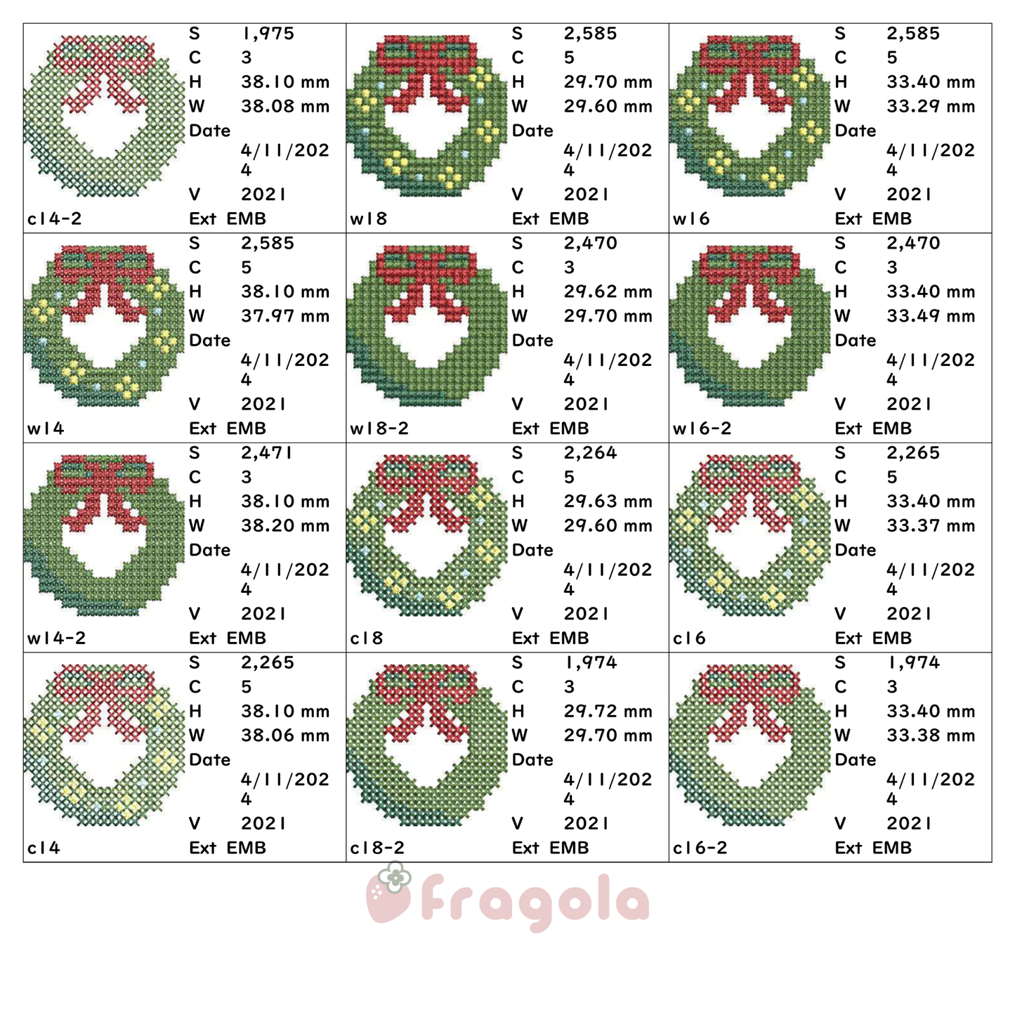 クリスマスリースのクロスステッチ刺繍デザイン - 3種類のカウント、フレンチノット風データ入り