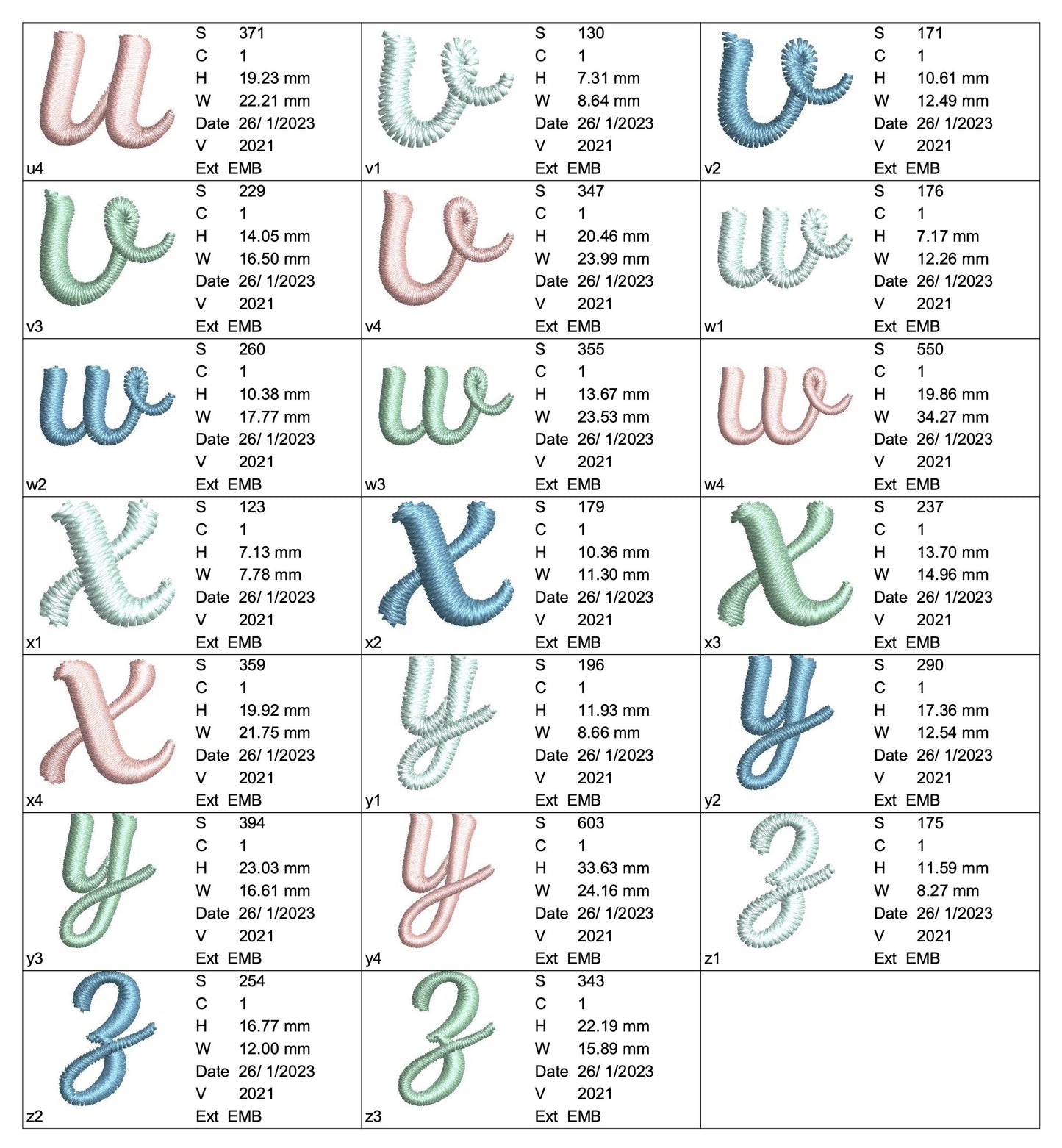 小文字アルファベット刺繍データセット(4サイズ)