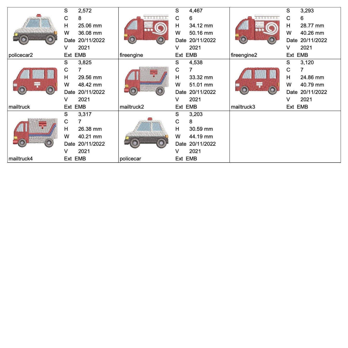 🚒 働く車の刺繍データセット(全8デザイン)