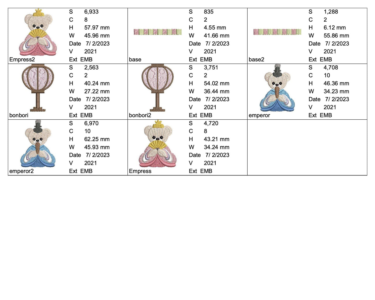 ひな祭り刺繍データセット(お内裏さま・おひなさま・ぼんぼり/8ファイル)