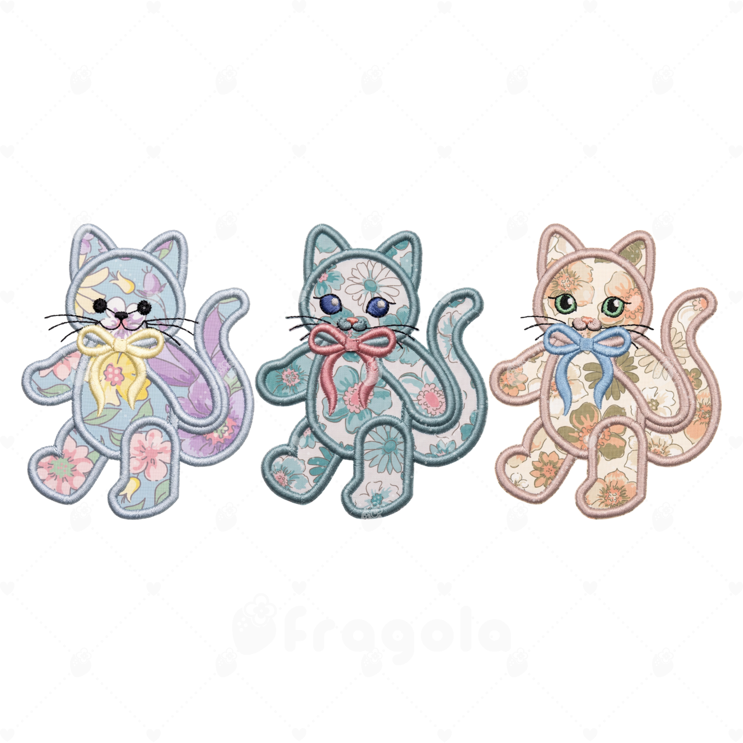 おめかし子猫のアップリケ刺繍データセット（4サイズ・瞳のバリエーション全11ファイル）