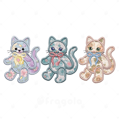 おめかし子猫のアップリケ刺繍データセット（4サイズ・瞳のバリエーション全11ファイル）