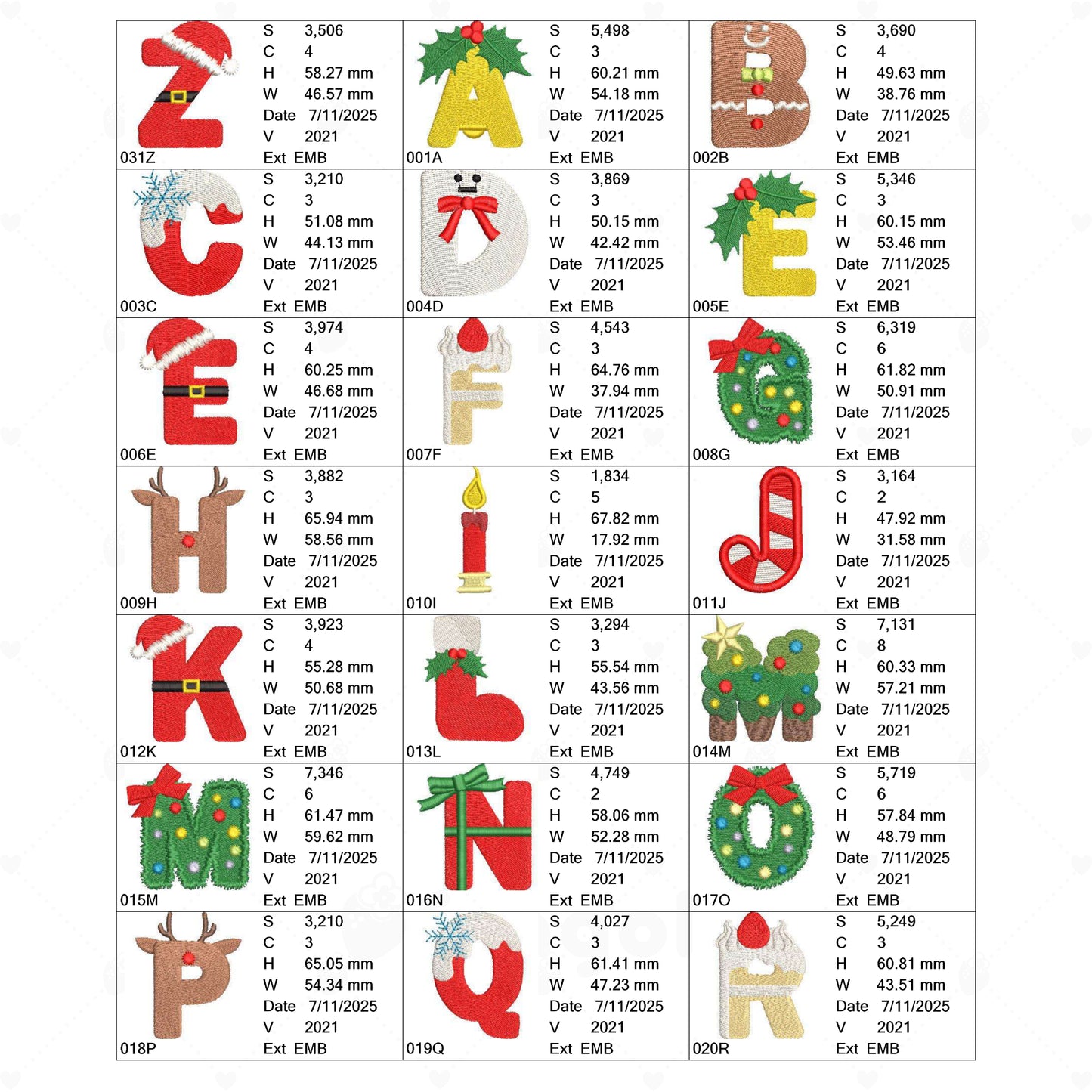 🎄 クリスマスアルファベット刺繍データセット（A〜Z／全3サイズ）