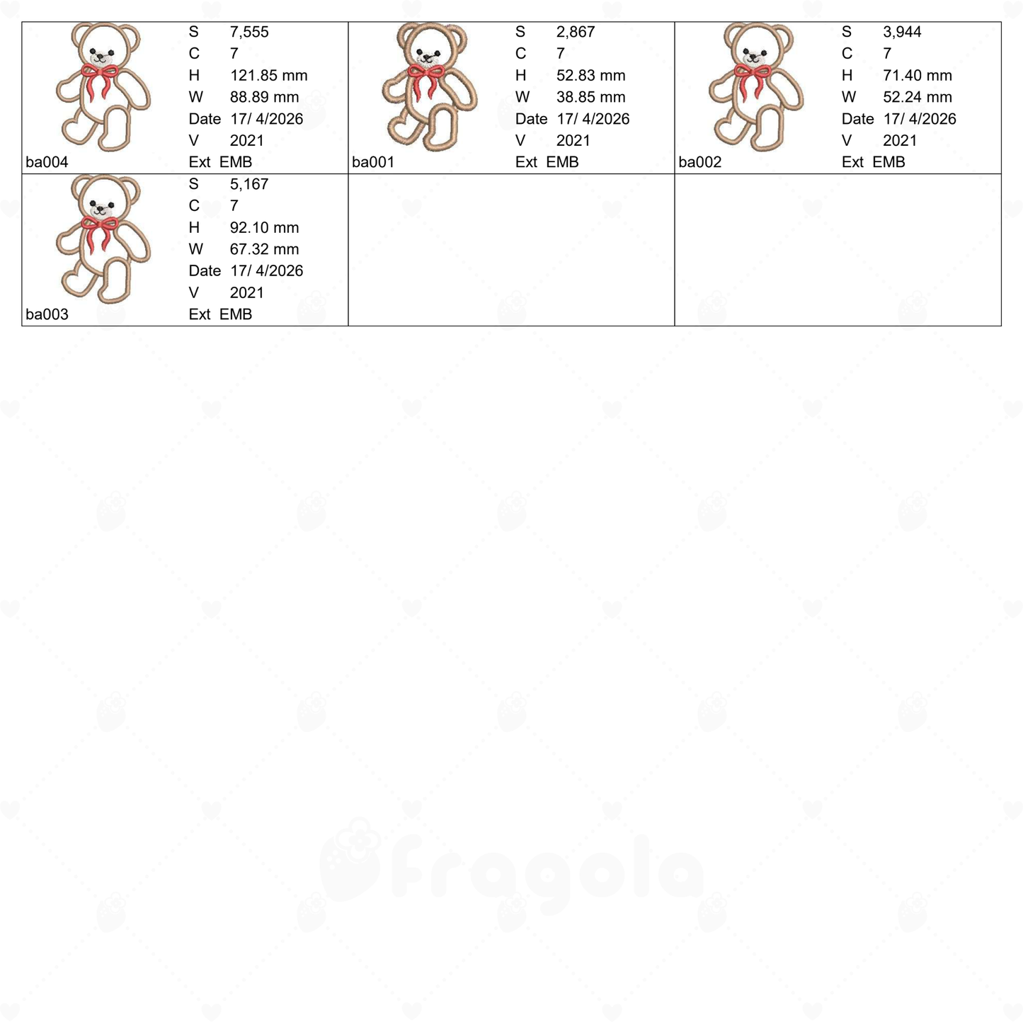 テディベア アップリケ刺繍データセット（4サイズ）