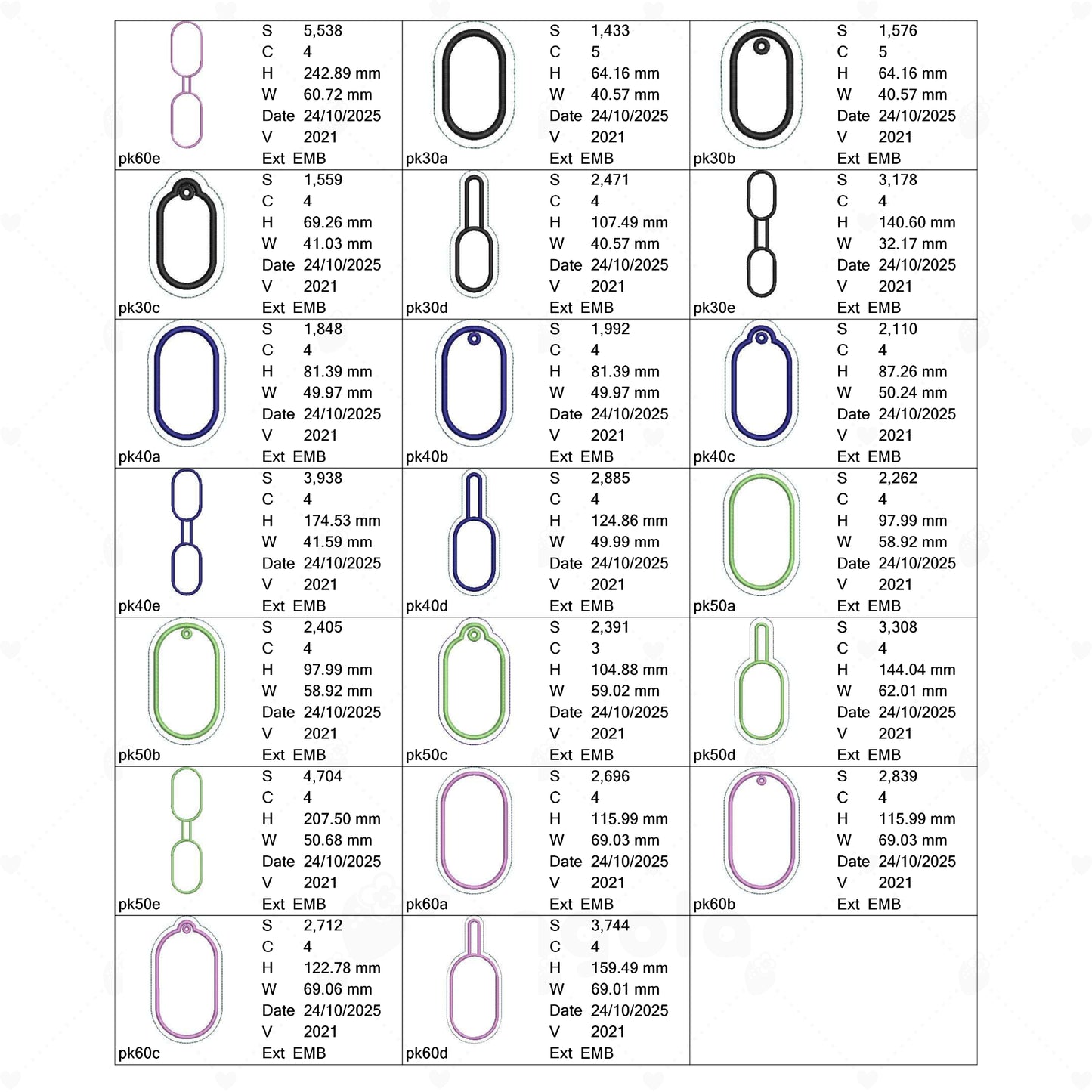 刺繍キーホルダーデータセット《縦長オーバル5種×4サイズ》