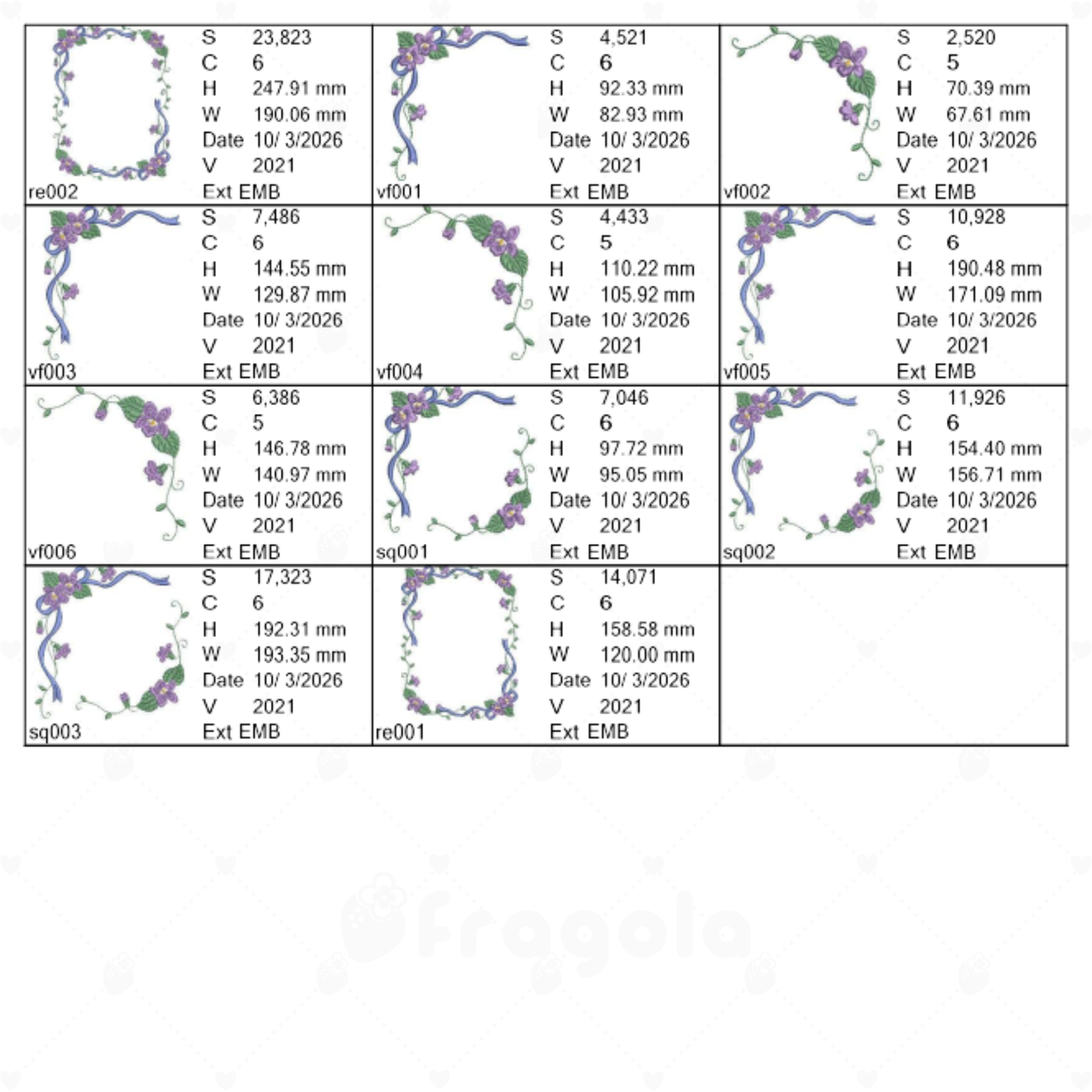 スミレとリボンのフレーム刺繍データセット（11ファイル）
