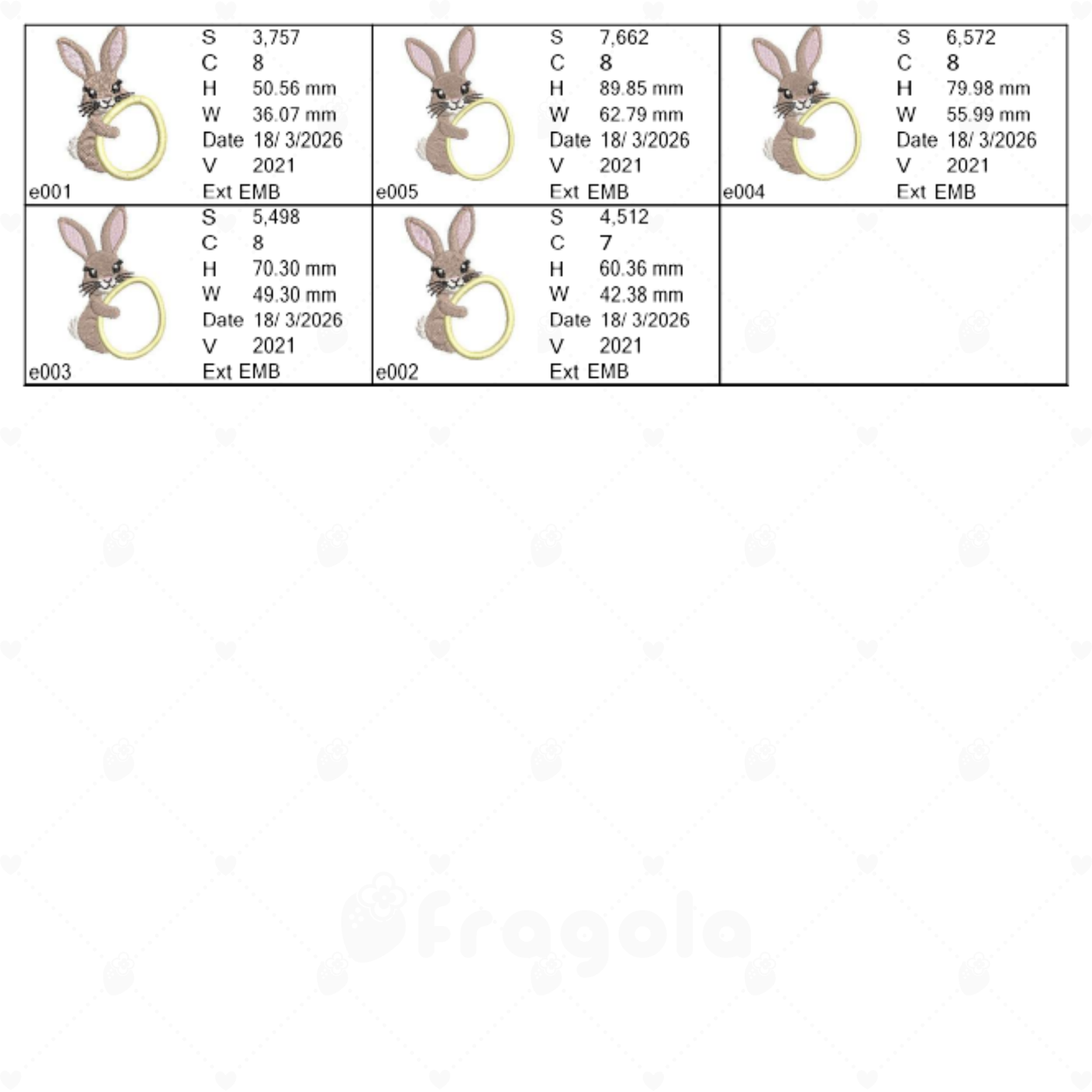 イースターバニーのアップリケ刺繍データセット（5サイズ）