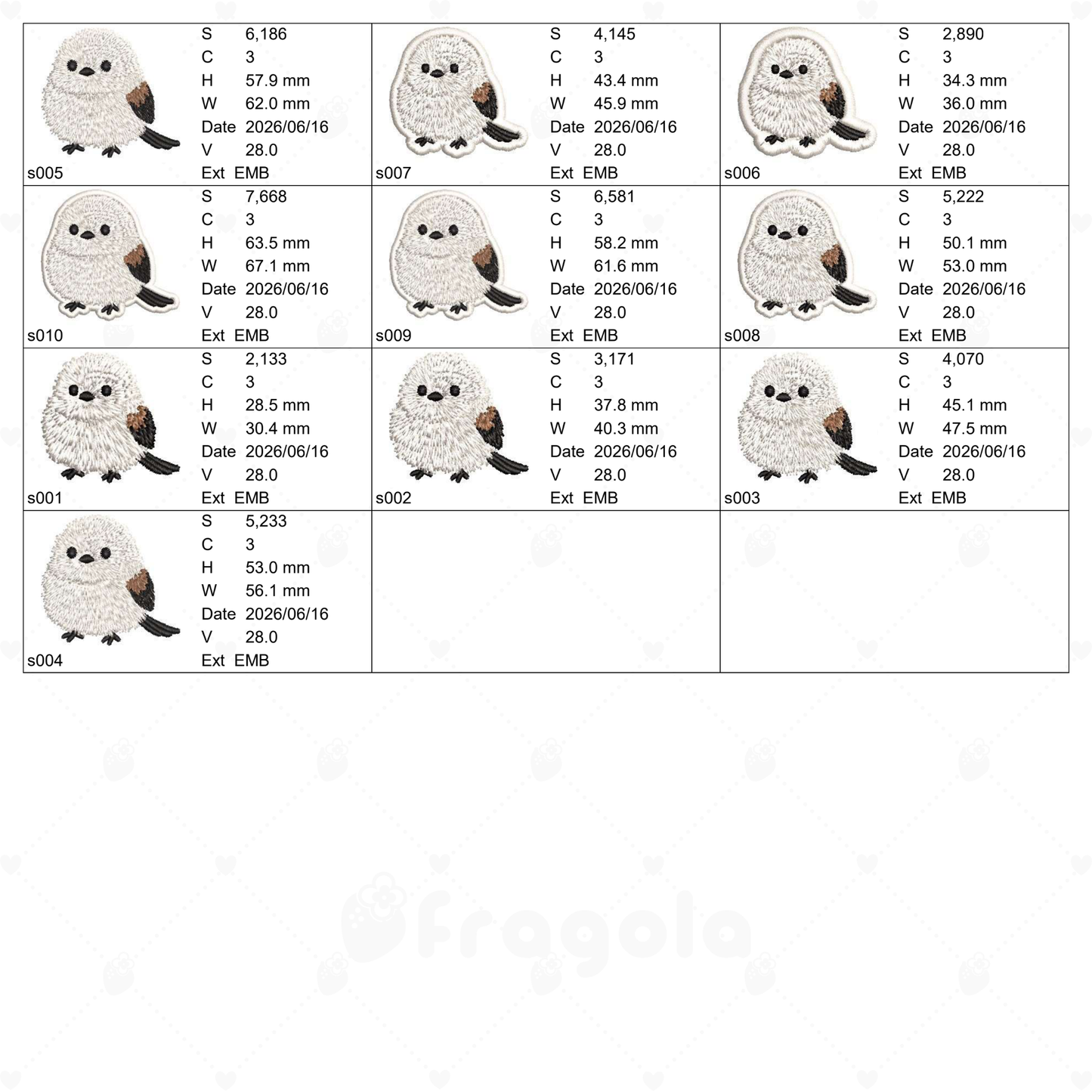 シマエナガ刺繍データセット（通常・ふち付き 10ファイル）