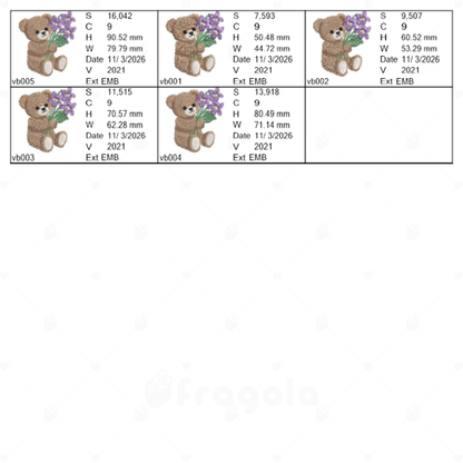 スミレを持ったテディベア刺繍データセット（5ファイル）